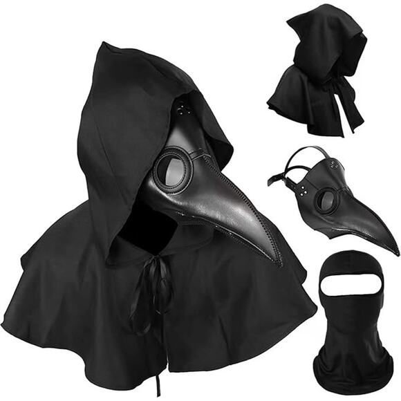 Plague Doctor Mask Cloak Hat Men Adult Black Scary Halloween Costume Set - Picture 1 of 6